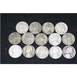 1898 V-Nickel, 1935 Buffalo Nickel & Jefferson Nickels, lot of 12, various dates & conditions for a 