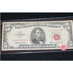 1963 United States Note $5, Red Seal, #A48433318A