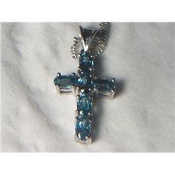 SILVER BLUE ZIRCON PLATNIUM OVERLAY SILVER CROSS PENDANT WITH CHAIN