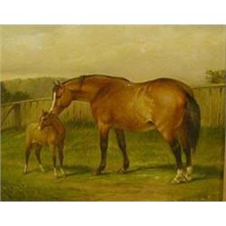 J.W. Cole. Mare and foal in a landscape, oil