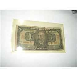 1944 1 UM MIL REIS Brazil Bank Note *Please Look at Picture to Determine Grade of Bill*!!