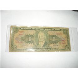 1943 10 DEZ CRUZEIROS Brazil Bank Note Serial # 092103 *Please Look at Picture to Determine Grade of