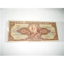 1953 20 VINTE CRUZEIROS Brazil Bank Note Serial # 009532 *Please Look at Picture to Determine Grade 