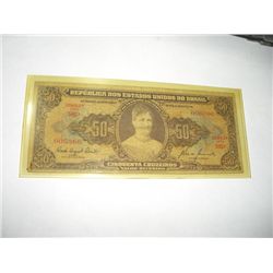 1953 50 CINQUENTA CRUZEIROS Brazil Bank Note Serial # 006366 *Please Look at Picture to Determine Gr