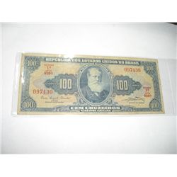 1953 100 CEM CRUZEIROS Brazil Bank Note Serial # 097430 *Please Look at Picture to Determine Grade o