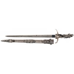 Superb Exhibition Grade French Hunting Sword with Finely Engraved Silver Sheath and Figural Silver H