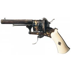 Gold Inlaid European Pinfire Revolver with Ivory Grips and Soviet Cossack Sword