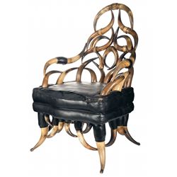Extraordinary 19th Century Steer Horn Chair with Relief Carved Decoration