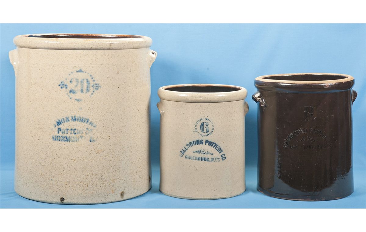 Collector's Lot of Three Pottery Crocks Including Galesburg and