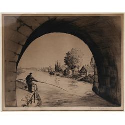 Elias M. Grossman, Fishing in Joinville, France, Etching