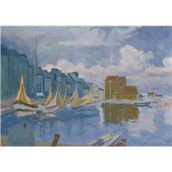 Laurent Marcel Salinas, Sailboats and Church, Oil Painting