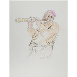 Ira Moskowitz, Clarinet Player, Ink and Pastel Drawing