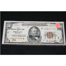 1929 US National Currency $50; Brown Seal Kansas City MO Reserve, #J00039745A