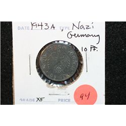 1943A Nazi Germany 10 Reichspfennig Foreign Coin, XF, Flying Eagle W/Swatstika