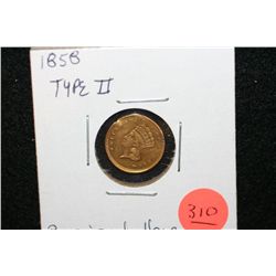 1858 Indian Princess $1 Gold Coin, Type II, Repaired Hole