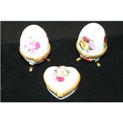 Porcelain Jewelry Cases, 2 Egg-Shaped & 1 Heart-Shaped, lot of 3 total