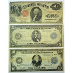 3 pieces old currency--1914 $5 and $10 FRnotes;1917 $1 note  VG