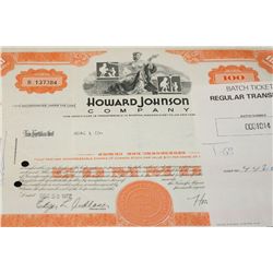 Howard Johnson Co. Stock Certificate dated 1972