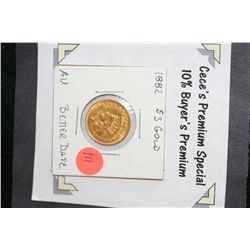 1882 Indian Princess $3 Gold Coin, AU, Better Date  **CeCe's Premium Special 10% Buyer's Premium-Thi