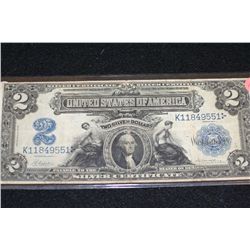 1899 US Silver Certificate $2, Blue Seal, #K11849551 Large Washington Bill