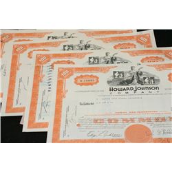 Howard Johnson Co. Stock Certificate dated 1972 (1) & dated 1973 (4), lot of 5