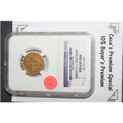 1891-CC Liberty $5 Gold Coin, NGC Graded Fine Details, Improperly Cleaned