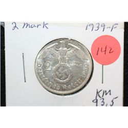 1939F German 2 Reichsmark Foreign Coin, Flying Eagle W/Swatstika