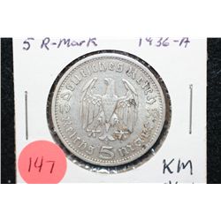 1936A German 5 Reichsmark Foreign Coin, Flying Eagle W/Swatstika