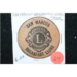 San Marcos Lions Club Wooden Nickel good for River Taxi