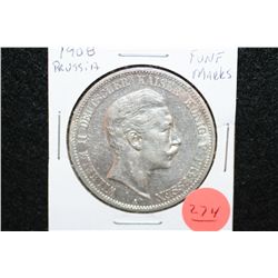 1908 Prussia Funf Mark Foreign Coin