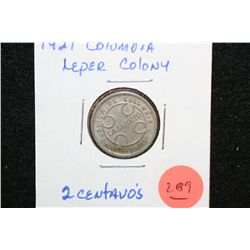 1921 Columbia 2 Centavos Foreign Coin; Leper Colony Coin