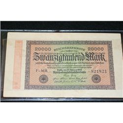 1923 German 20000 Swanzigfaufend Mark Foreign Bank Note