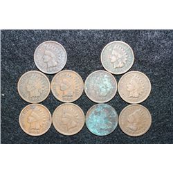 Indian Head Penny, various dates & conditions, lot of 10