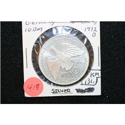 1972D German 10 Deutsche Mark Foreign Coin, Silver .3114 Oz.