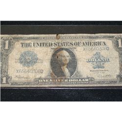 1923 US Silver Certificate $1, Blue Seal, #X65640308D Large Washington Bill, Piece out of LR, AG3