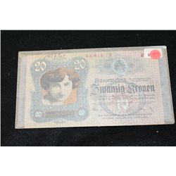 1919 German 20 Swanzig Kronen Foreign Bank Note