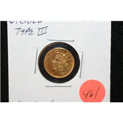 1856 Indian Princess $1 Gold Coin, Type III, Repaired