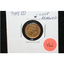 1856 Indian Princess $1 Gold Coin, Type III, Loop Removed