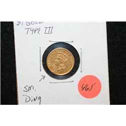 1856 Indian Princess $1 Gold Coin, Type III, Small Ding