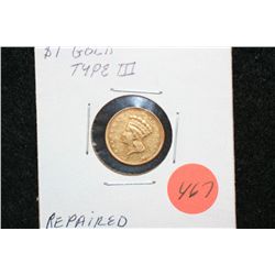 Indian Princess $1 Gold Coin, Type III, Repaired
