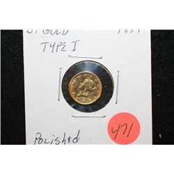 1851 Liberty $1 Gold Coin, Type I, Polished