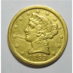 1853-D $5 GOLD XF-AU LIGHT SCRATCH OBV. RARE DAHLONEGA, GEORGIA BRANCH MINT