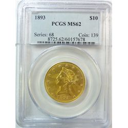 1893 $10 GOLD LIBERTY PCGS MS-62