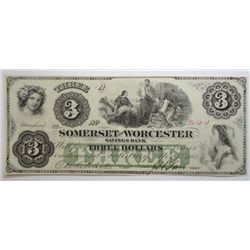 Maryland 1862 $3  broken bank note Somerset Worcester savings bank