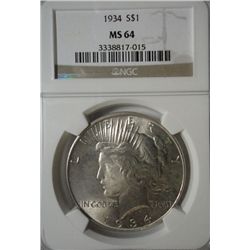 1934 PEACE SILVER DOLLAR NGC MS64