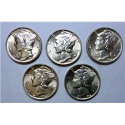 LOT OF 5 1944 MERCURY DIMES GEM BU
