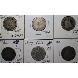 LIBERTY SEATED QUARTERS:1854 VG, 1854 G,1873 ARROWS AG, 1877-S VG,1877 VG,1876 G