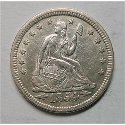 1854 SEATED LIBERTY QUARTER AU+
