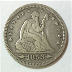 1853/4  SEATED QUARTER ARROWS & RAYS - VERY SCARCE OVERDATE VF/XF