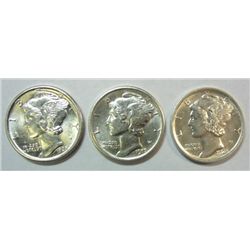 3 HIGH GRADE BU MERCURY DIMES ALL FULL BANDS